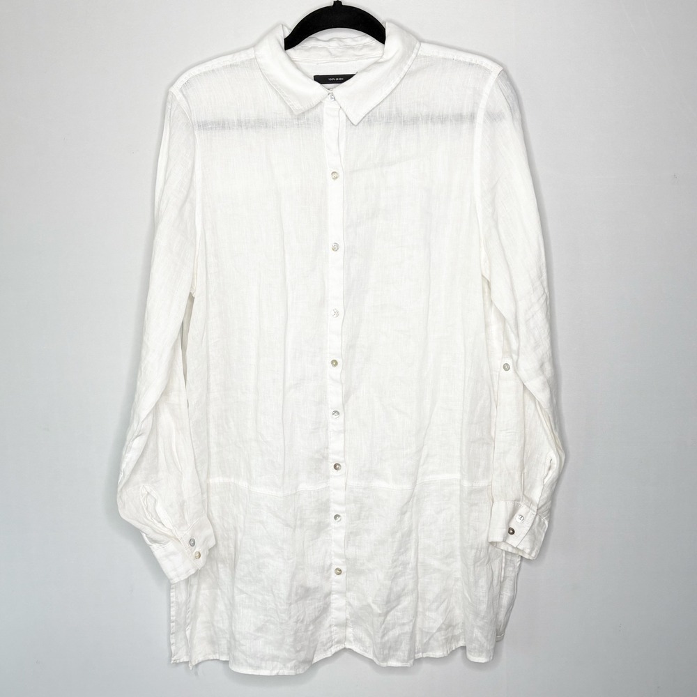 Tahari White 100% Linen Button Down Roll‎ Tab Sleeve Long Tunic Shirt Size L